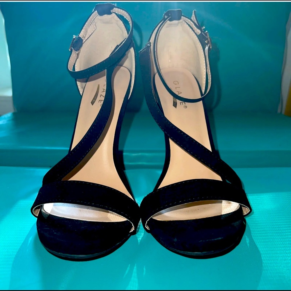 Glaze High Heel Black Stiletto with Ankle and Cross Strap Size 8